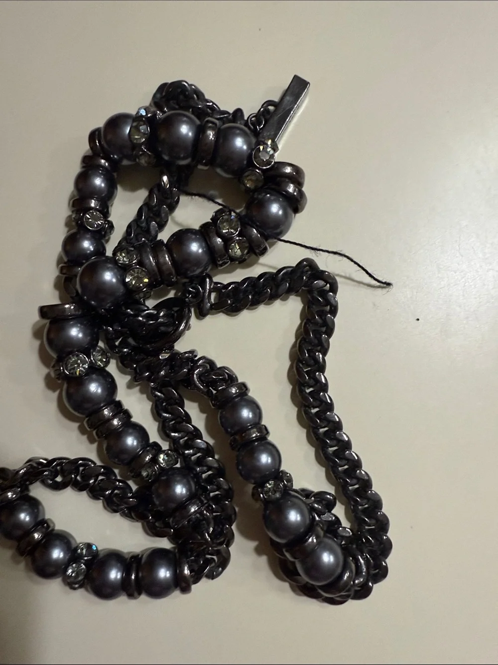 Vintage Givenchy Ruthenium Faux Gray Pearl Rhinestone Couture Statement Necklace